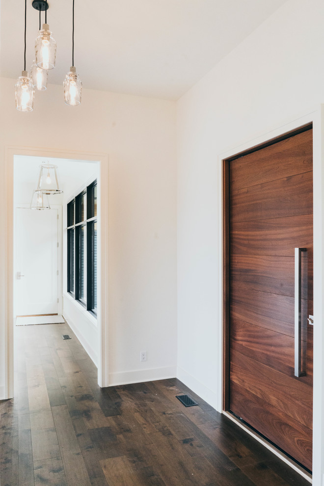 Inspiration for a transitional dark wood floor pivot front door remodel in Omaha with a medium wood front door