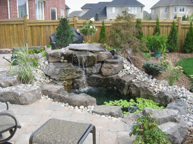 Inspiration for a transitional backyard stone pond in Toronto.