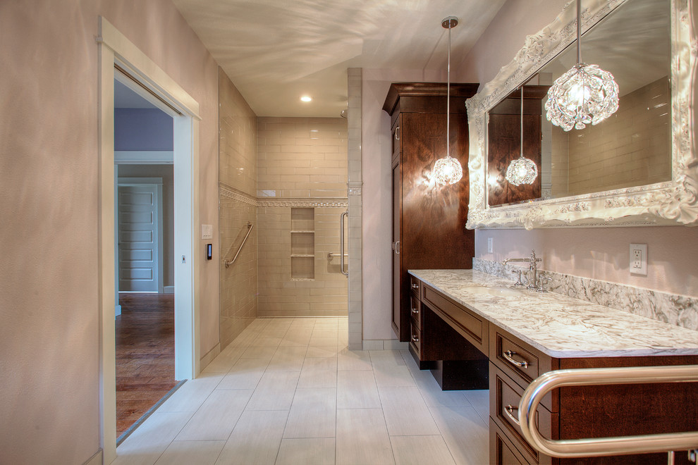 Inspiration for a large contemporary master bathroom in Seattle with medium wood cabinets, a curbless shower, a two-piece toilet, porcelain tile, an undermount sink, engineered quartz benchtops and an open shower.
