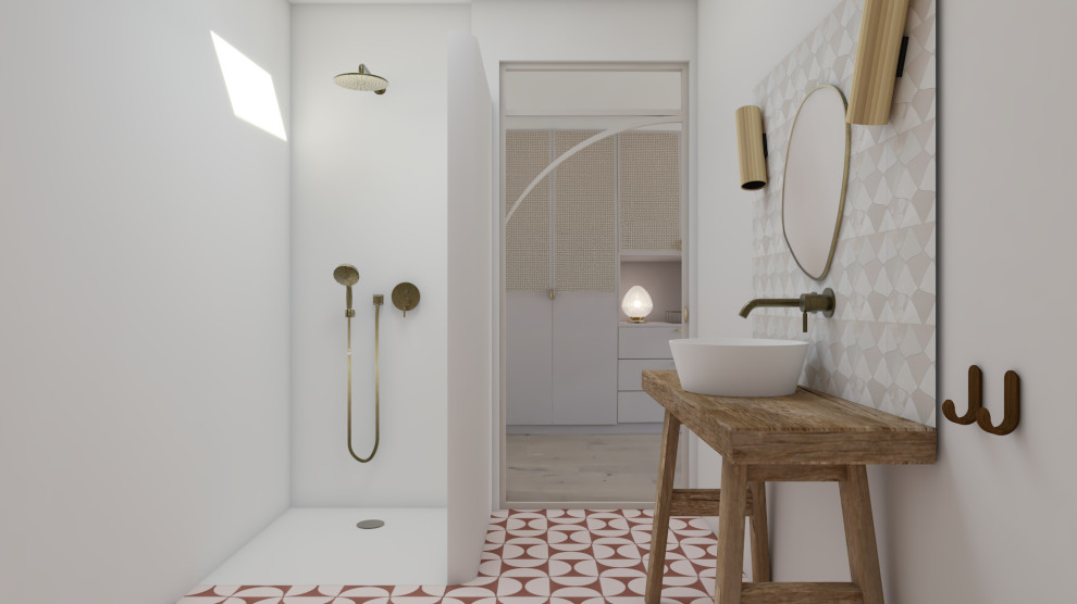Inspiration for a mid-sized midcentury 3/4 bathroom in Paris with a drop-in tub, a curbless shower, white tile, mosaic tile, white walls, cement tiles, a drop-in sink, solid surface benchtops, pink floor, an open shower and a single vanity.