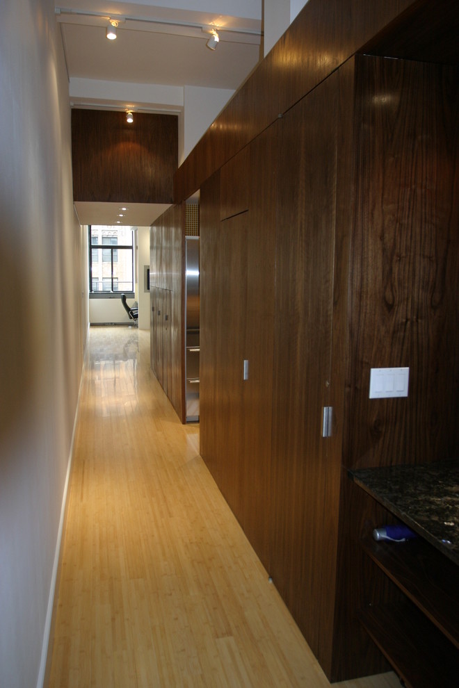 Inspiration for a mid-sized modern hallway in New York with beige walls, light hardwood floors and beige floor.