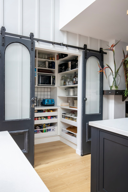 Kitchen with hand painted Glass panel doors transitional-kitchen