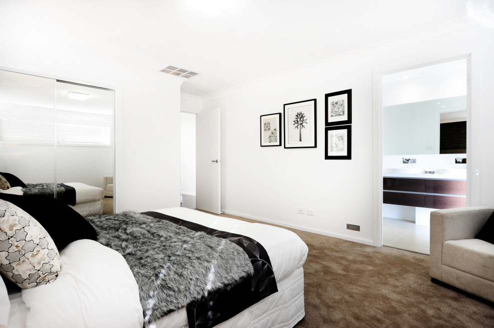 Small contemporary master bedroom in Central Coast with white walls, carpet, brown floor and wallpaper.