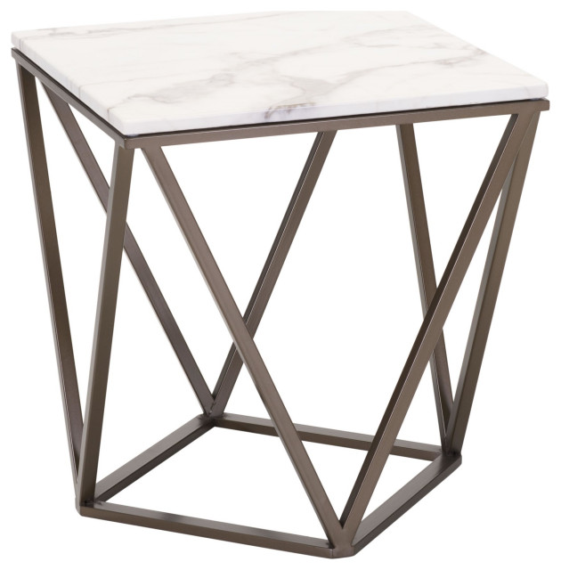 Sofa Side Table, Square, Artificial Marble, Sttel Metal, White, Antique