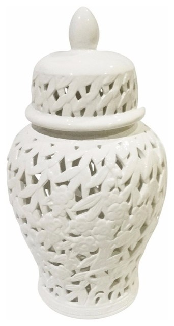 Exquisite Pierced Ceramic Temple Jar, White
