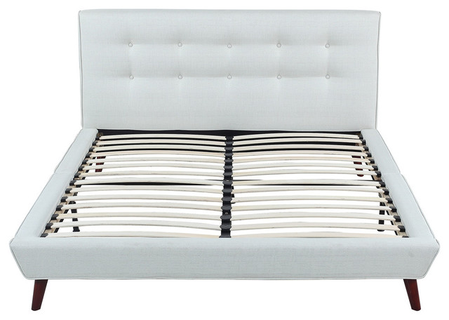 Midcentury Ivory Linen Low Profile Platform Bed Frame, Full