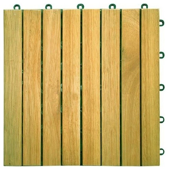 Vifah 8-Slat Acacia Interlocking Deck Tiles, Teak Finish, Set of 10