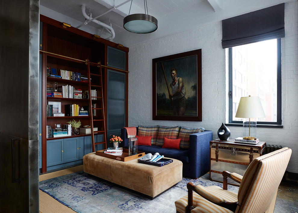 Mid-sized traditional enclosed family room in New York with a library and white walls.