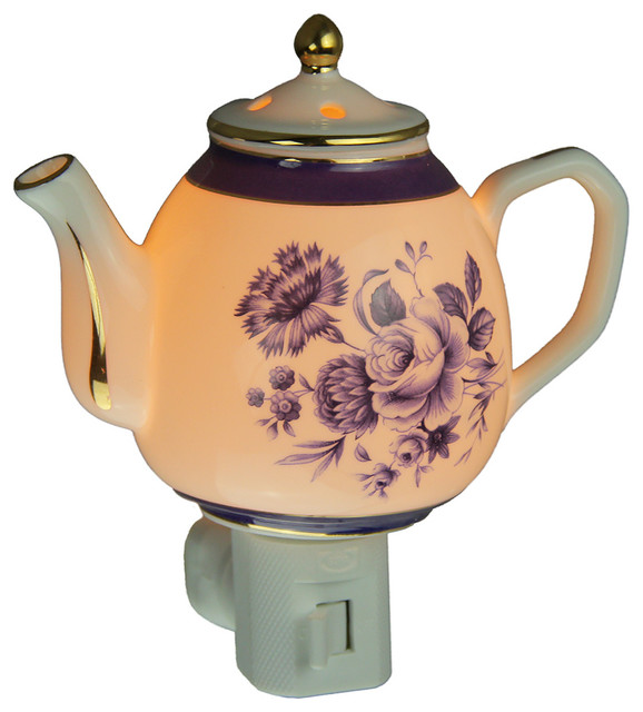 Blue Garden Flowers White Porcelain Teapot Plug In Night Light