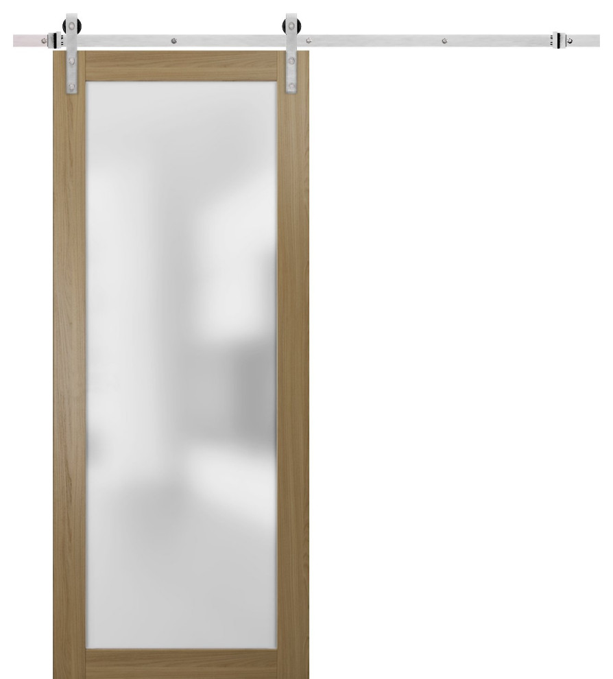 Barn Door 36x96 Glass | Planum 2102 Honey Ash | Stainless Steel 6.6FT Rail