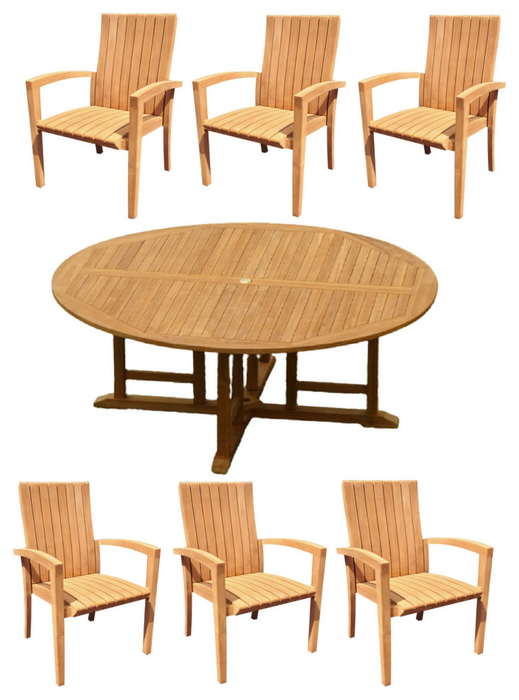 7Piece Outdoor Teak Dining Set 72" Round Table, 6 Goa Stacking Arm