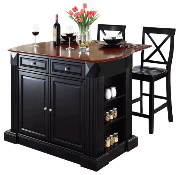 Drop Leaf Breakfast Bar Top Kitchen Island, 24" Black XBack Stools