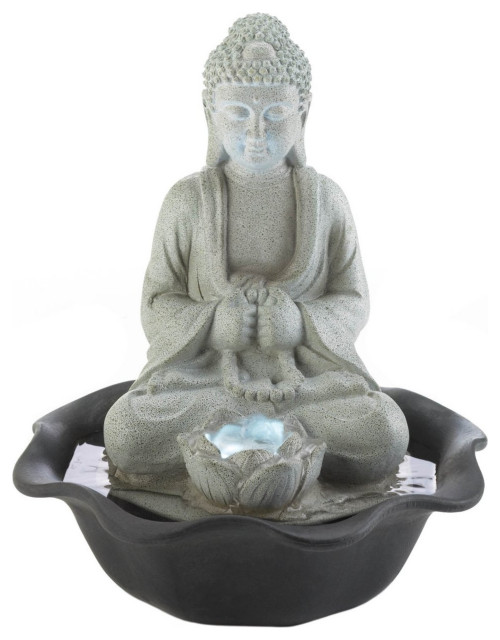 Stone-Look Buddha and Lotus Lighted Tabletop Water Fountain