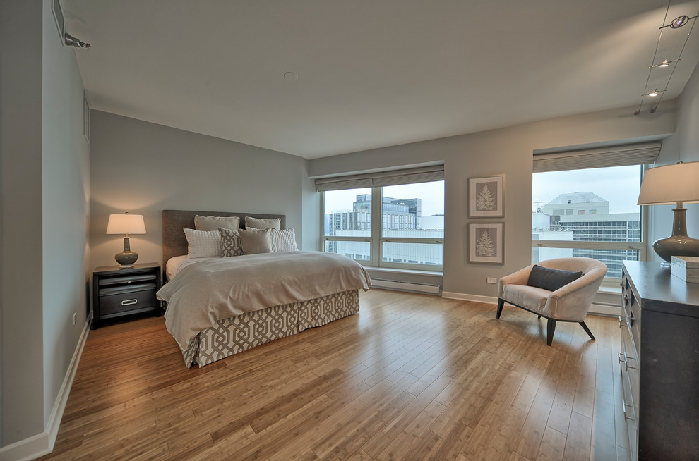 Design ideas for a large transitional master bedroom in Chicago with grey walls, bamboo floors and beige floor.