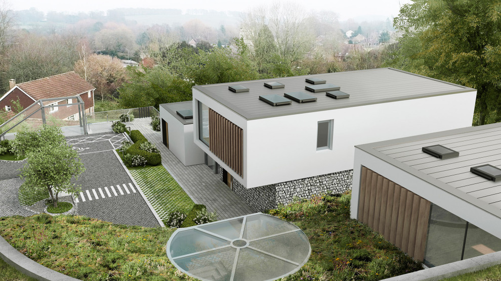 Idee per la villa ampia bianca contemporanea a quattro piani con rivestimento in pietra, tetto piano e copertura mista