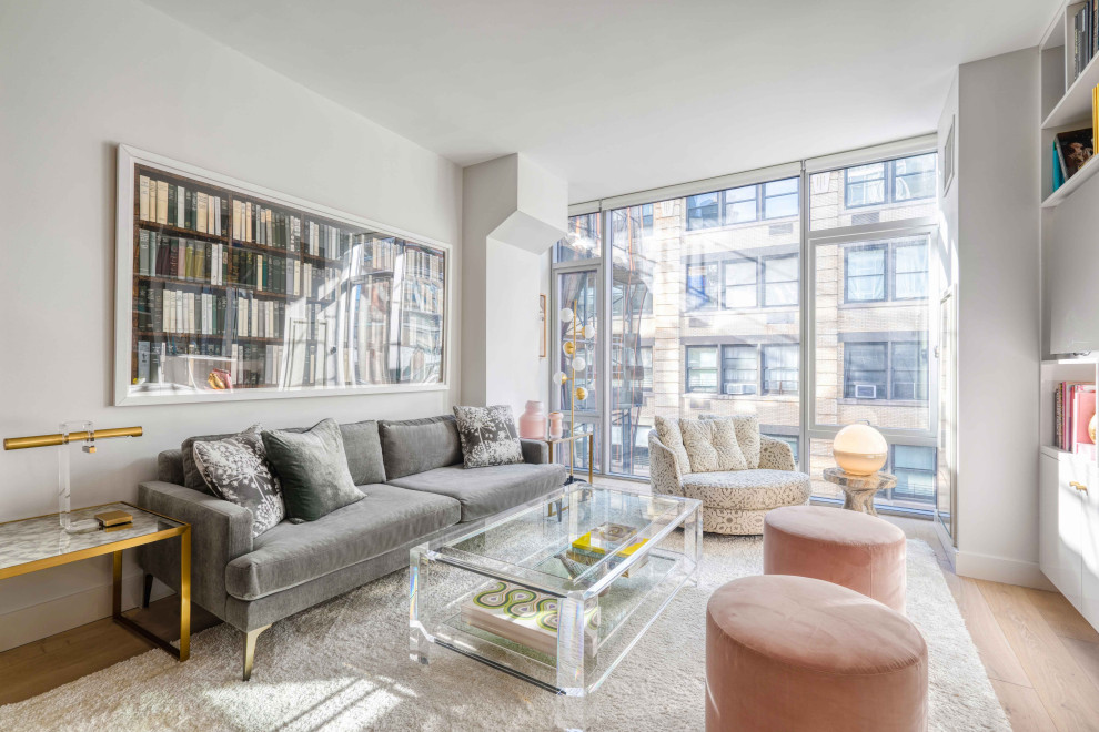 Pink and Grey Living room Contemporary Living Room New York by