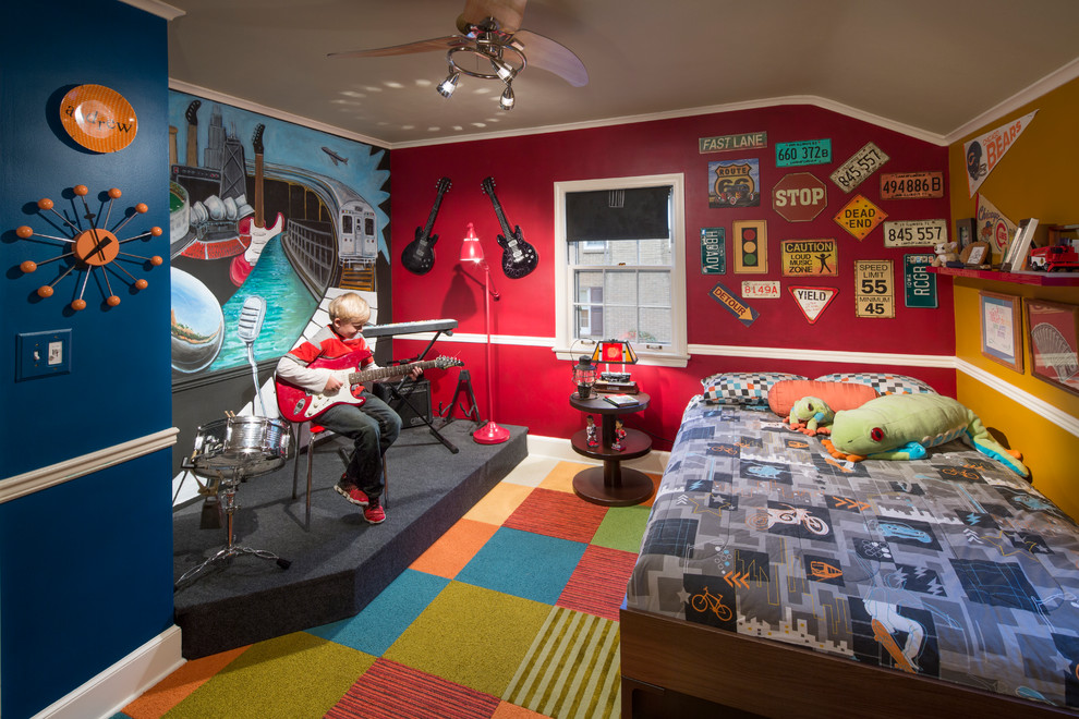 Eclectic kids' room in Chicago with carpet and multi-coloured walls for boys.