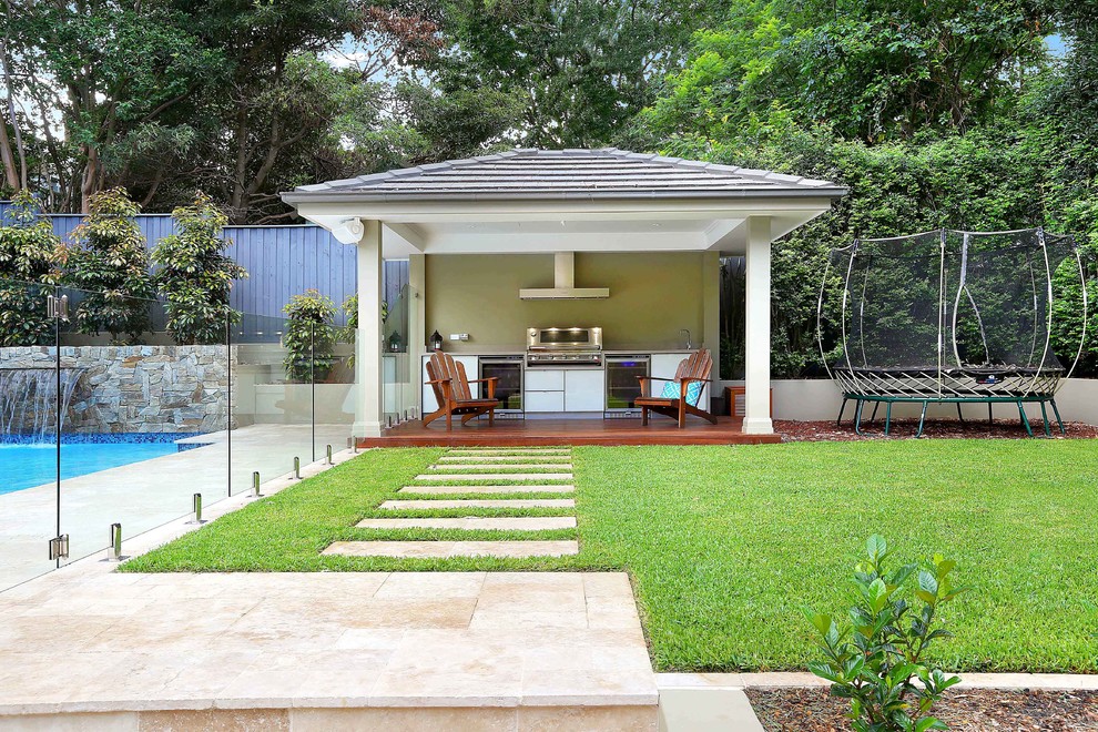 This is an example of a contemporary backyard patio in Other with a gazebo/cabana and decking.