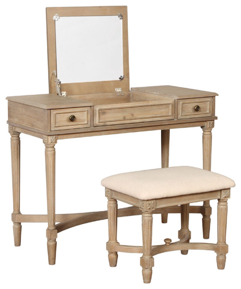 Classic Vanity Set, Matching Padded Stool & Table With Flip Up Mirror