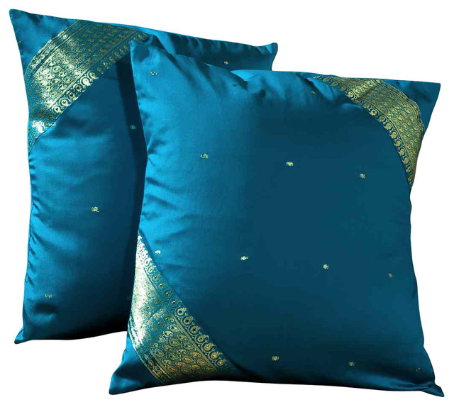 Turquoise- 2  handcrafted Sari Pillow Covers - Standard - 20 X 26 Inches