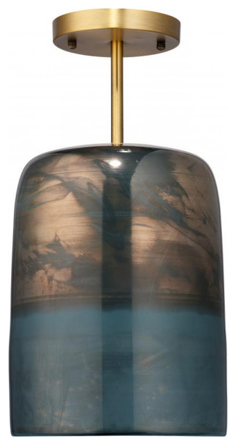 Vapor Semi-Flush Mount, 1-Light, Antique Brass, Aqua Metallic Glass ...