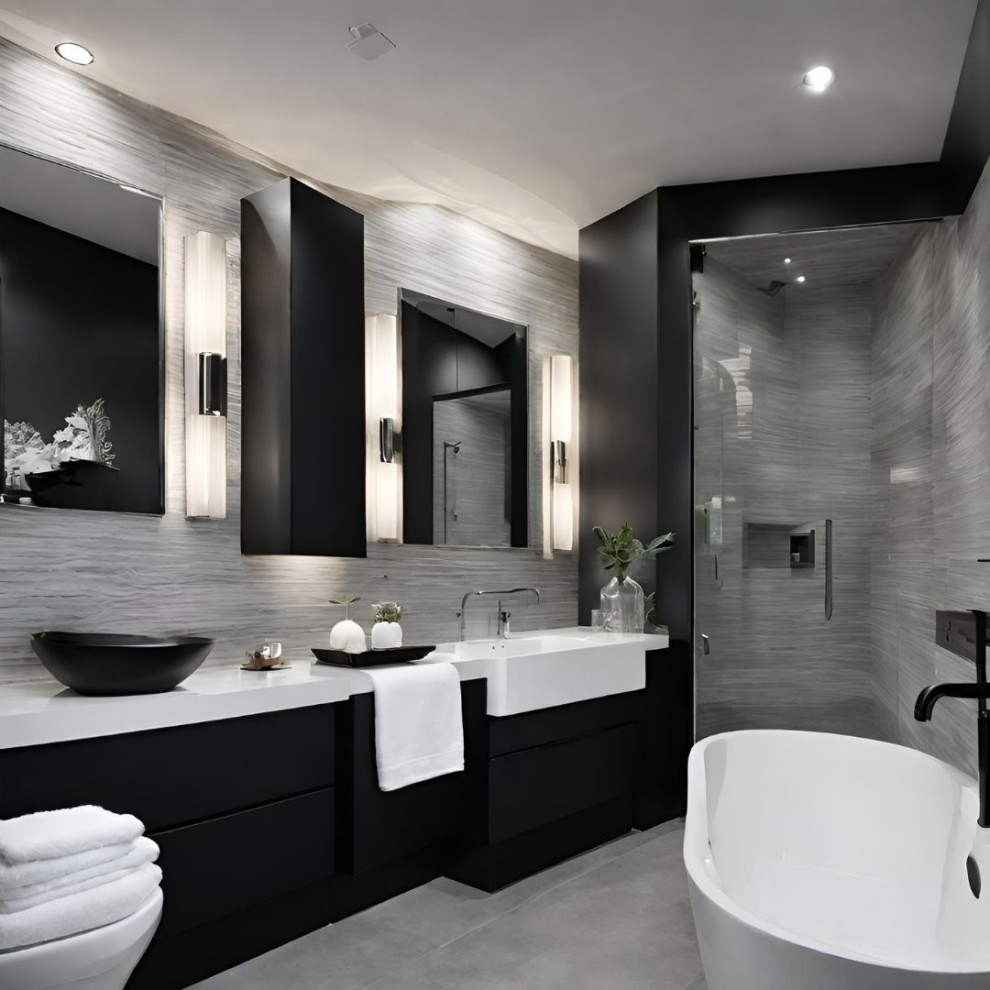 Modernes Badezimmer En Suite mit grauen Fliesen, Granit-Waschbecken/Waschtisch, weißer Waschtischplatte und Einzelwaschbecken in Las Vegas