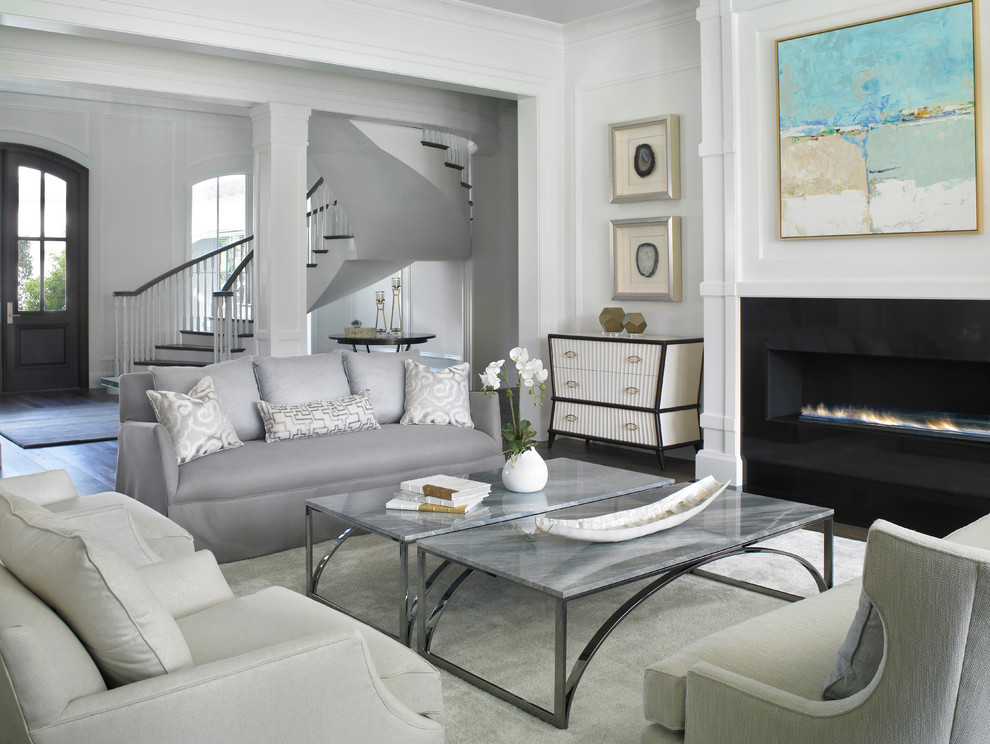 Inspiration for a transitional formal open concept living room in Miami with white walls, dark hardwood floors, a ribbon fireplace and a metal fireplace surround.