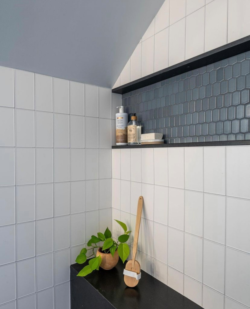 Absolute Black granite shower bench and niche Contemporary Bathroom