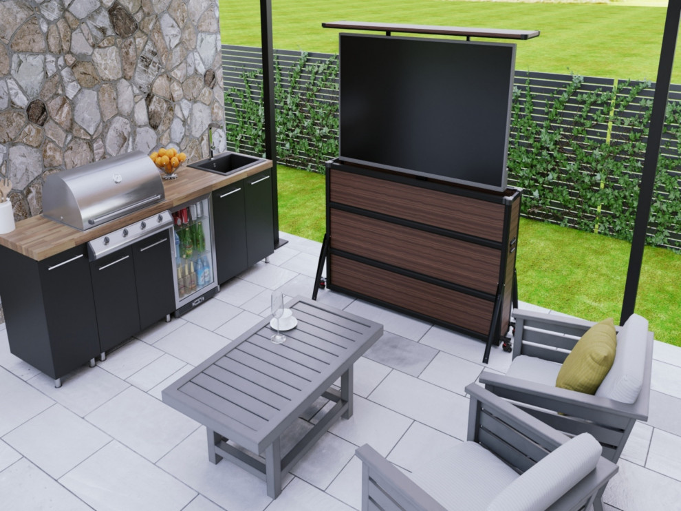 Modern outdoor kitchen patio with TV lift cabinet