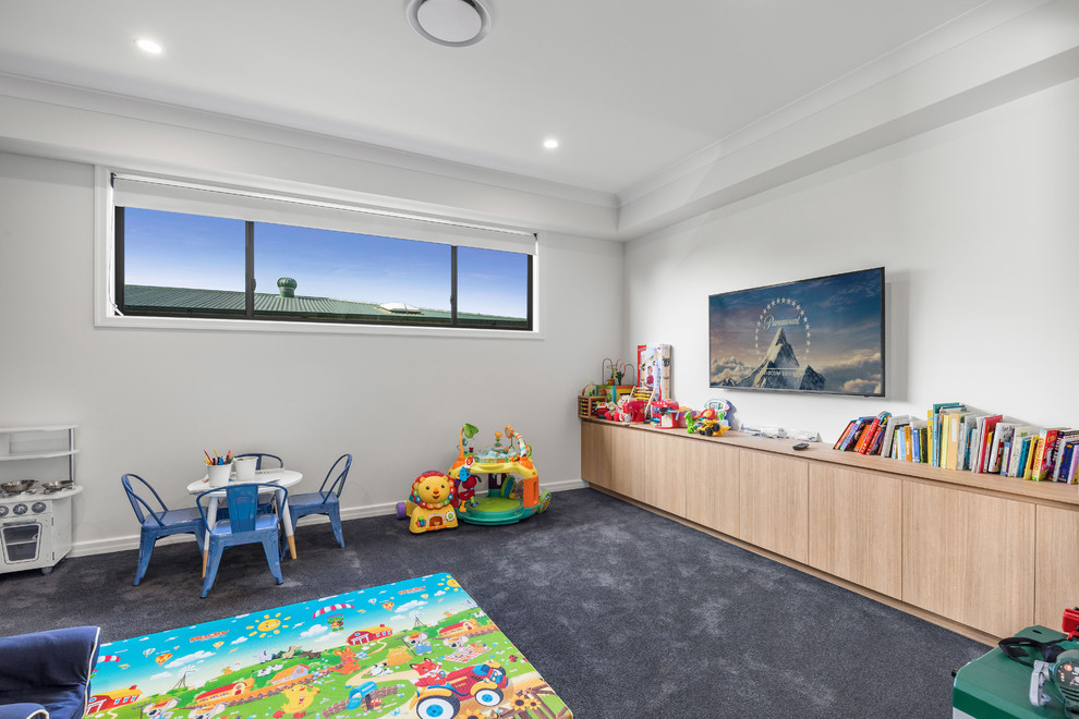 Inspiration for a mid-sized contemporary gender-neutral kids' room in Brisbane with white walls, carpet and grey floor.