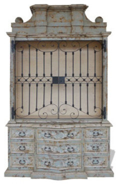 Old World French Bookcase Paris Column, Celeste Distressed With Amaryllis