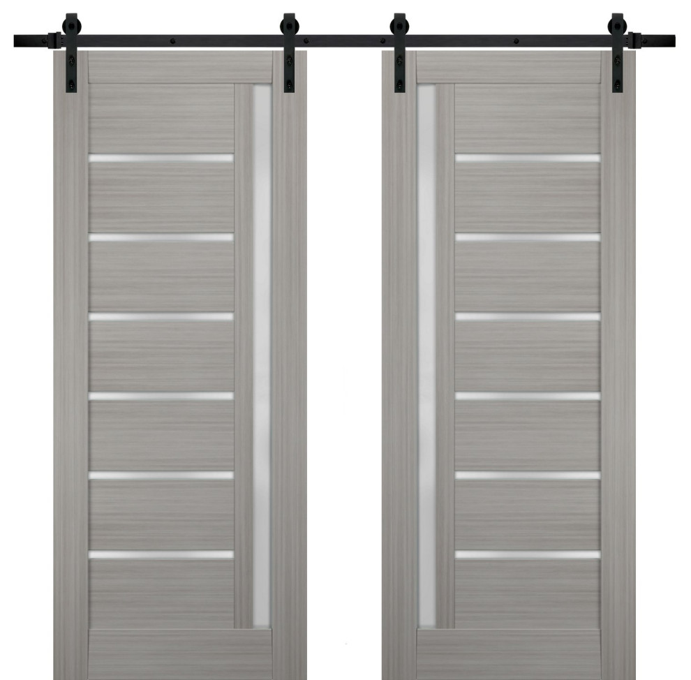 Double Barn Door Frosted Glass, Quadro 4088 Grey Ash, 13FT, 48" x 84