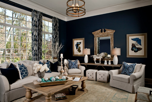 Dark navy blue living room, looks so classic!