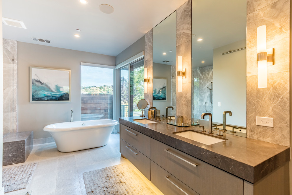 Expansive contemporary bathroom in San Francisco with beige walls, dark hardwood floors and grey floor.