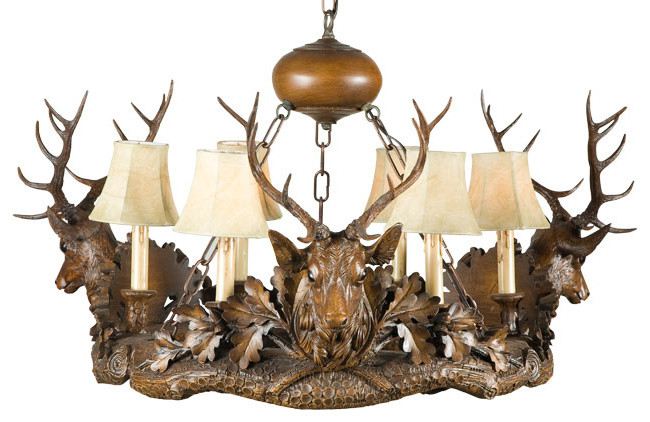 3 Royal Stag Head Chandelier, Faux Leather Shades