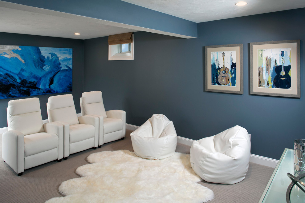 Design ideas for a traditional enclosed home theatre in Boston with blue walls, carpet and grey floor.