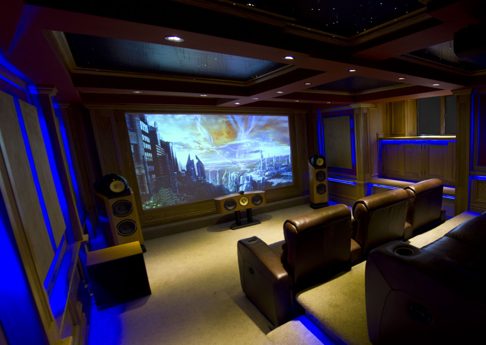Mid-sized eclectic enclosed carpeted home theater photo in Birmingham with a projector screen