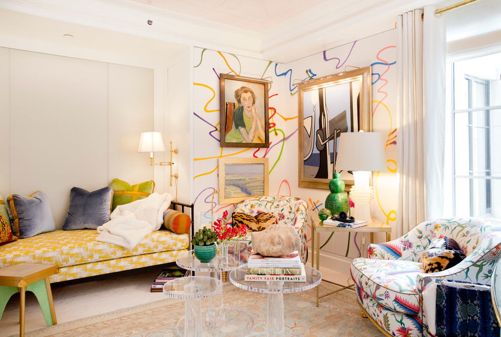 This is an example of an eclectic living room in New York with multi-coloured walls.