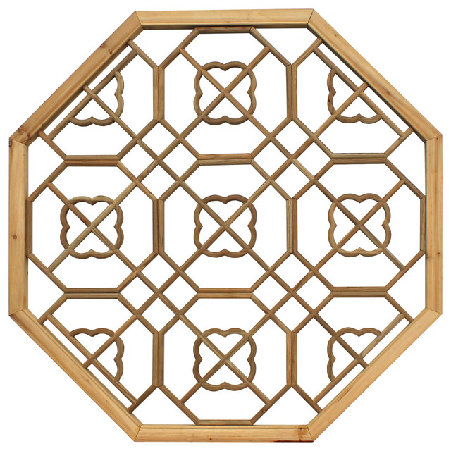 Chinese Raw Wood Octagon Flower Geometric Pattern Wall Panel Hcs3578