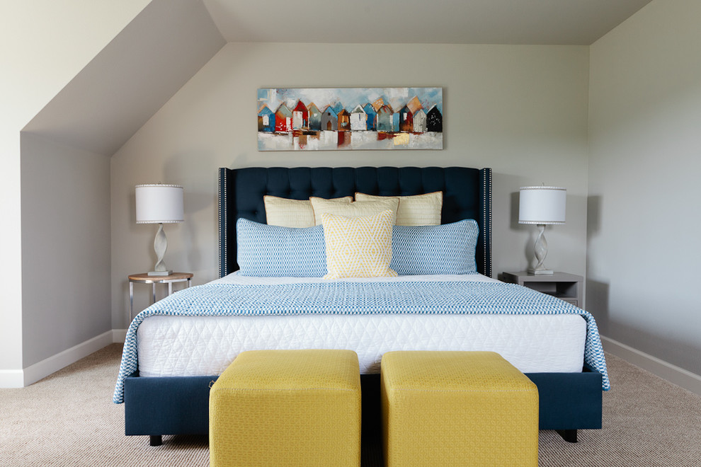 Mid-sized beach style guest carpeted bedroom photo with gray walls