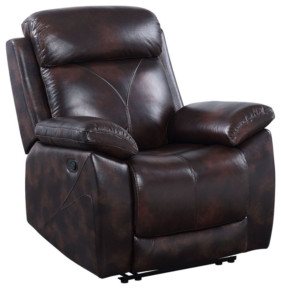 Top Grain Leather Recliner With Pillow Top Armrest, 2 Tone Dark Brown