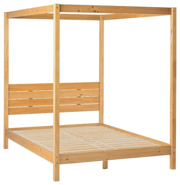 Pemberly Row Solid Wood Minimalist Boho Queen Canopy Bed Natural Pine