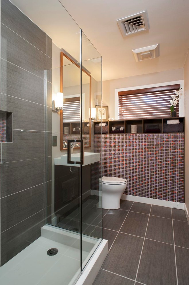 Inspiration for a small modern 3/4 bathroom in Bridgeport with flat-panel cabinets, dark wood cabinets, ceramic tile, beige walls and porcelain floors.