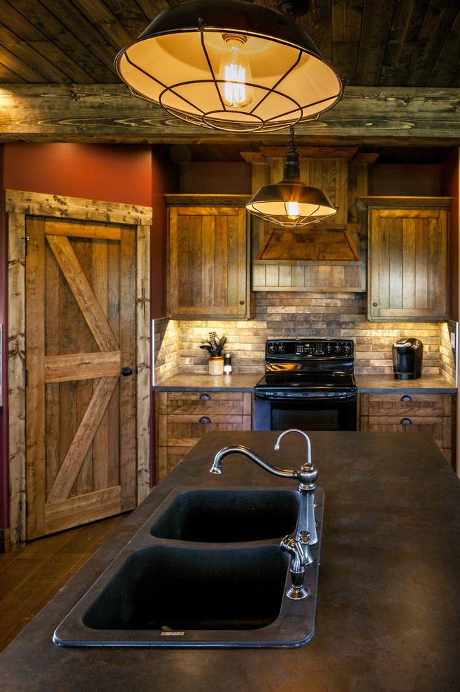 Eat-in kitchen - mid-sized rustic eat-in kitchen idea in Edmonton with a double-bowl sink, shaker cabinets, distressed cabinets, laminate countertops, black backsplash, subway tile backsplash, black appliances and an island