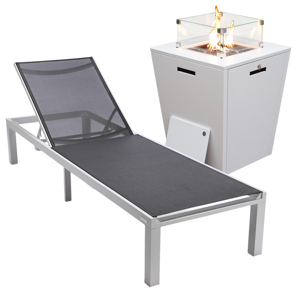 LeisureMod Marlin White Patio Chaise Lounge Chair with Fire Pit Table
