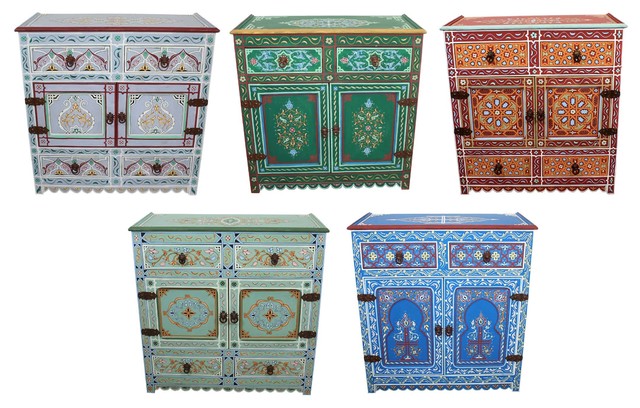 Moroccan Hand Painted Wooden Cabinet Mediterranean Accent