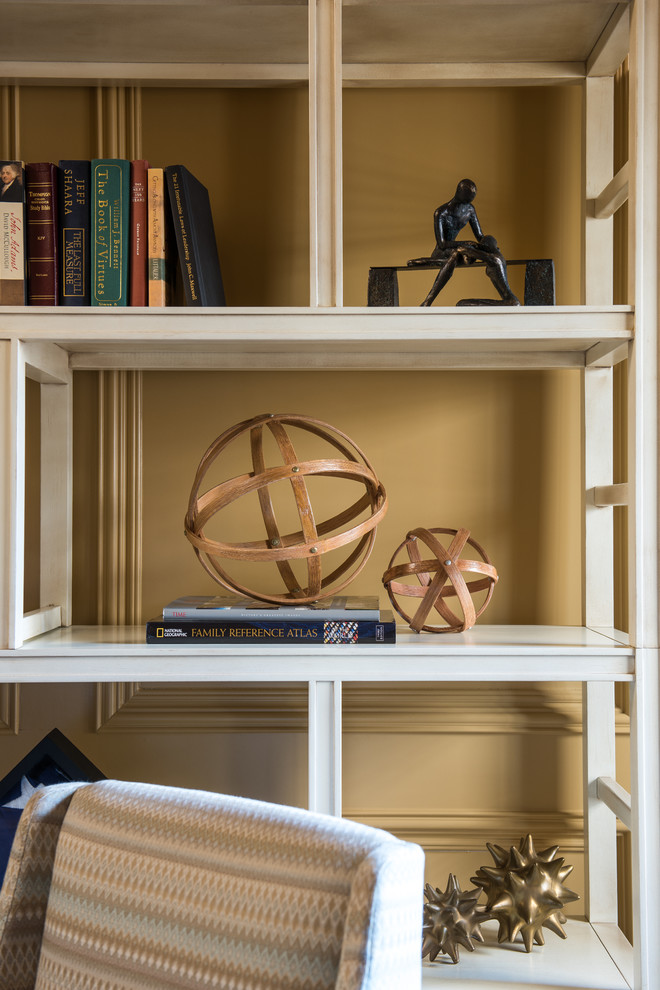 Home design - mid-sized transitional freestanding desk medium tone wood floor home design idea in Dallas with yellow walls