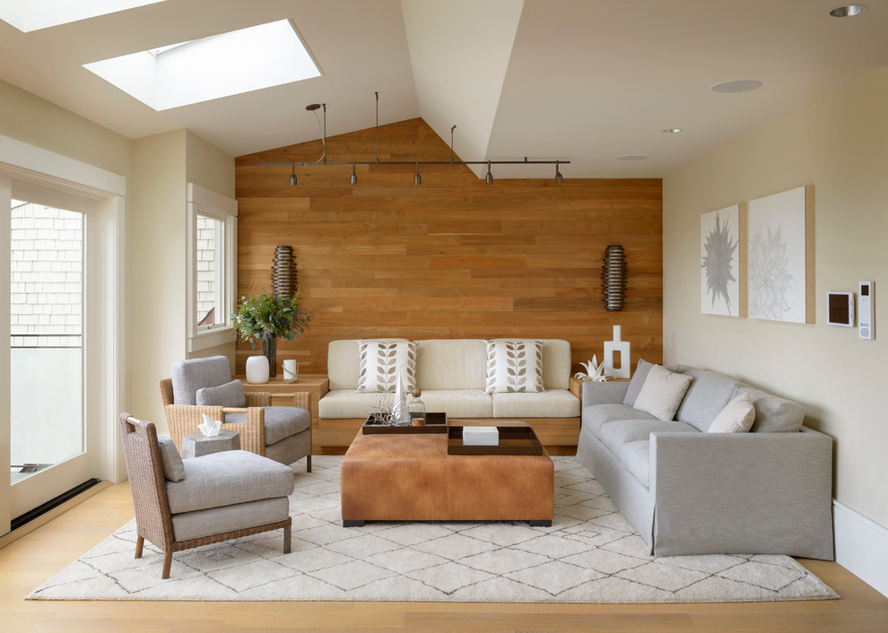 Design ideas for a mid-sized transitional living room in San Francisco with beige walls.