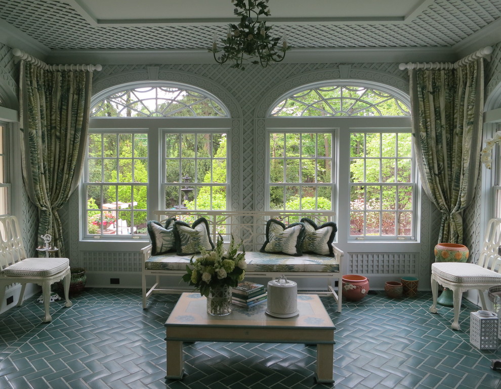 This is an example of a large traditional sunroom in New York with brick floors, no fireplace, a standard ceiling and blue floor.