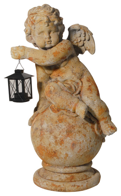 Angel Statue Cherub Figurine With Lantern - Mediterranean ...